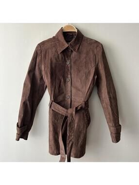 Vintage 90s Y2K Outer Edge Brown Suede Belted Trench Coat Womens Medium